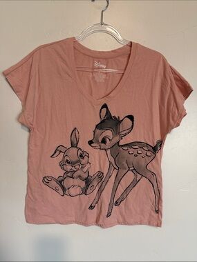 Disney Pink Bambi & Thumper V-Neck Graphic Tee Loose Fit Casual Top